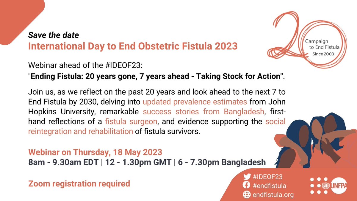 EndFistula's tweet photo. Marking 20 years of the @UNFPA led @EndFistula Campaign &amp; the 10th #IDEOF this May 23. We made progress but not enough!
📆 Join our May 18 #IDEOF23 Webinar, to take stock for action with only 7 years to go.
Together, we can #EndFistula by 2030!
Register at https://t.co/9AbHDTp4O0 https://t.co/2WbdFoKq9I