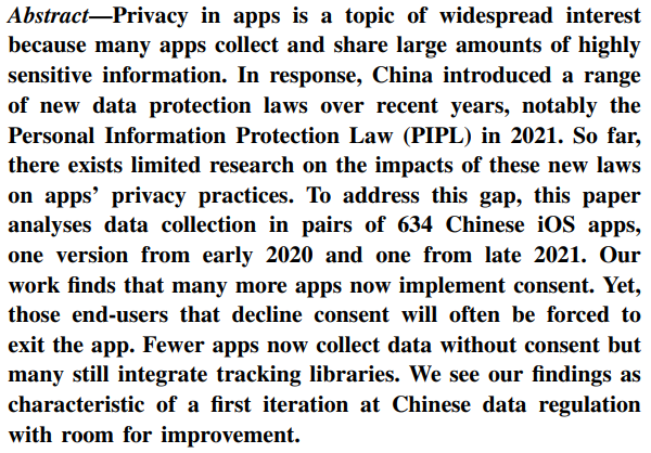 inplaintext's tweet photo. Before and after China's New Data Laws: Privacy in Apps
(@FascinatingTech, Zhang, @junszhao, @Nigel_Shadbolt - @UniofOxford @Tsinghua_Uni) #ConPro23
https://t.co/ihmr4qsYSZ https://t.co/NTHTl2xKgF