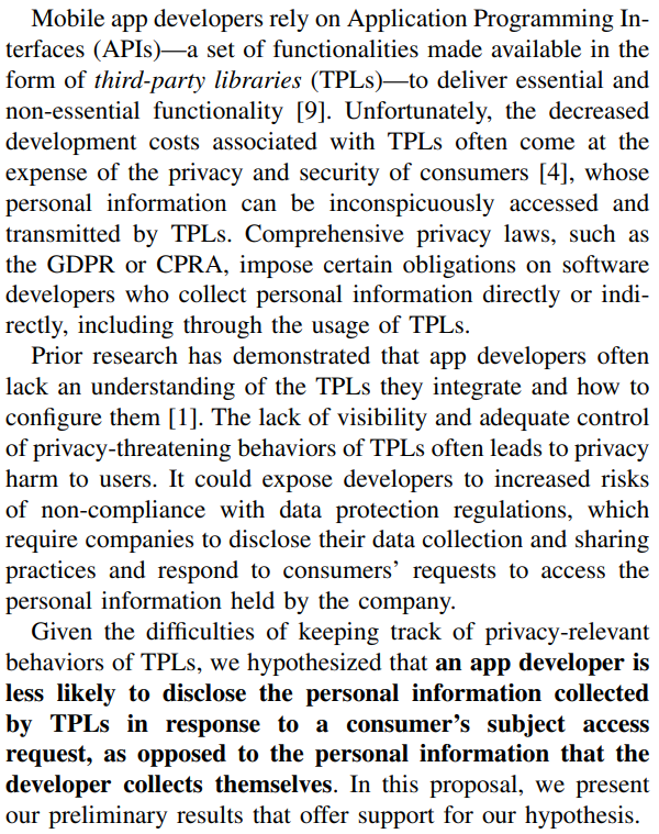 Joe Calandrino (@inplaintext) on Twitter photo Understanding How Third-Party Libraries in Mobile Apps Affect Responses to Subject Access Requests (Research Proposal)
(<a href="/nsamarin/">Nikita Samarin</a>, <a href="/primalw/">Primal Wijesekera</a> - <a href="/Berkeley_EECS/">UC Berkeley EECS</a>; <a href="/ICSIatBerkeley/">International Computer Science Institute</a>) #ConPro23
conpro23.ieee-security.org/papers/samarin… Understanding How Third-Party Libraries in Mobile Apps Affect Responses to Subject Access Requests (Research Proposal)
(<a href="/nsamarin/">Nikita Samarin</a>, <a href="/primalw/">Primal Wijesekera</a> - <a href="/Berkeley_EECS/">UC Berkeley EECS</a>; <a href="/ICSIatBerkeley/">International Computer Science Institute</a>) #ConPro23
conpro23.ieee-security.org/papers/samarin…