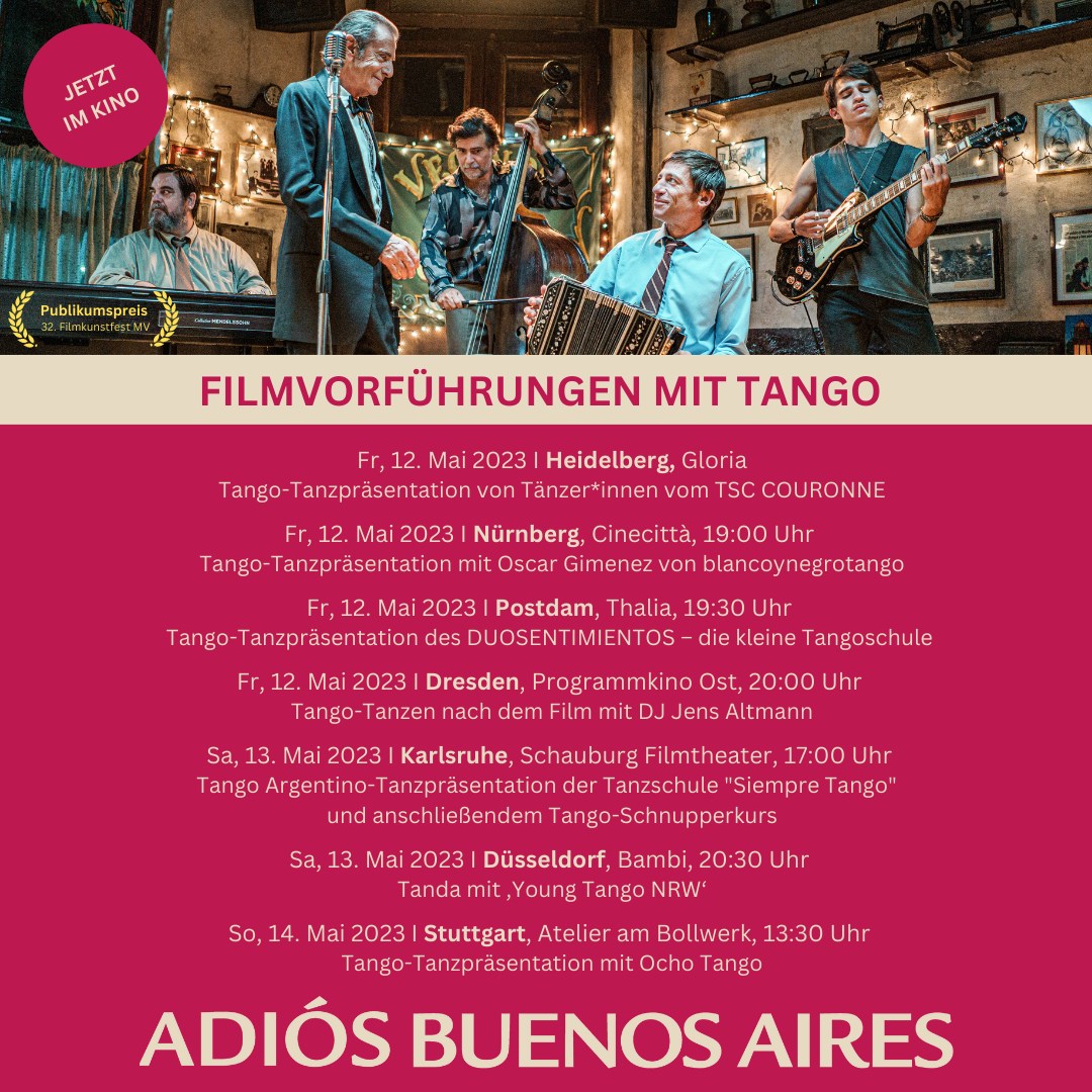 ADIÓS BUENOS AIRES ab jetzt im Kino!

Zur Feier es auch ein paar Filmvorführungen mit Sonderevents  🥳💃

Außerdem findet ihr hier heraus, in welchem Kino in eurer Nähe ihr den Film anschauen könnt:

kino.de/film/adios-bue…

#adiosbuenosaires #filmstart #kinostart #tango