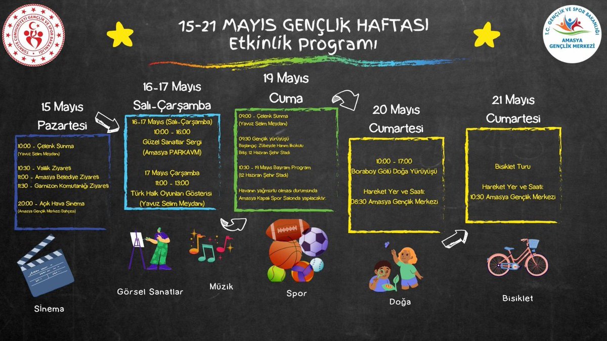 15-21 Mayıs Gençlik Haftası etkinlik programımıza bekliyoruz. 🥳😊

#GSBGM
#GSBAmasyaGençlikMerkezi