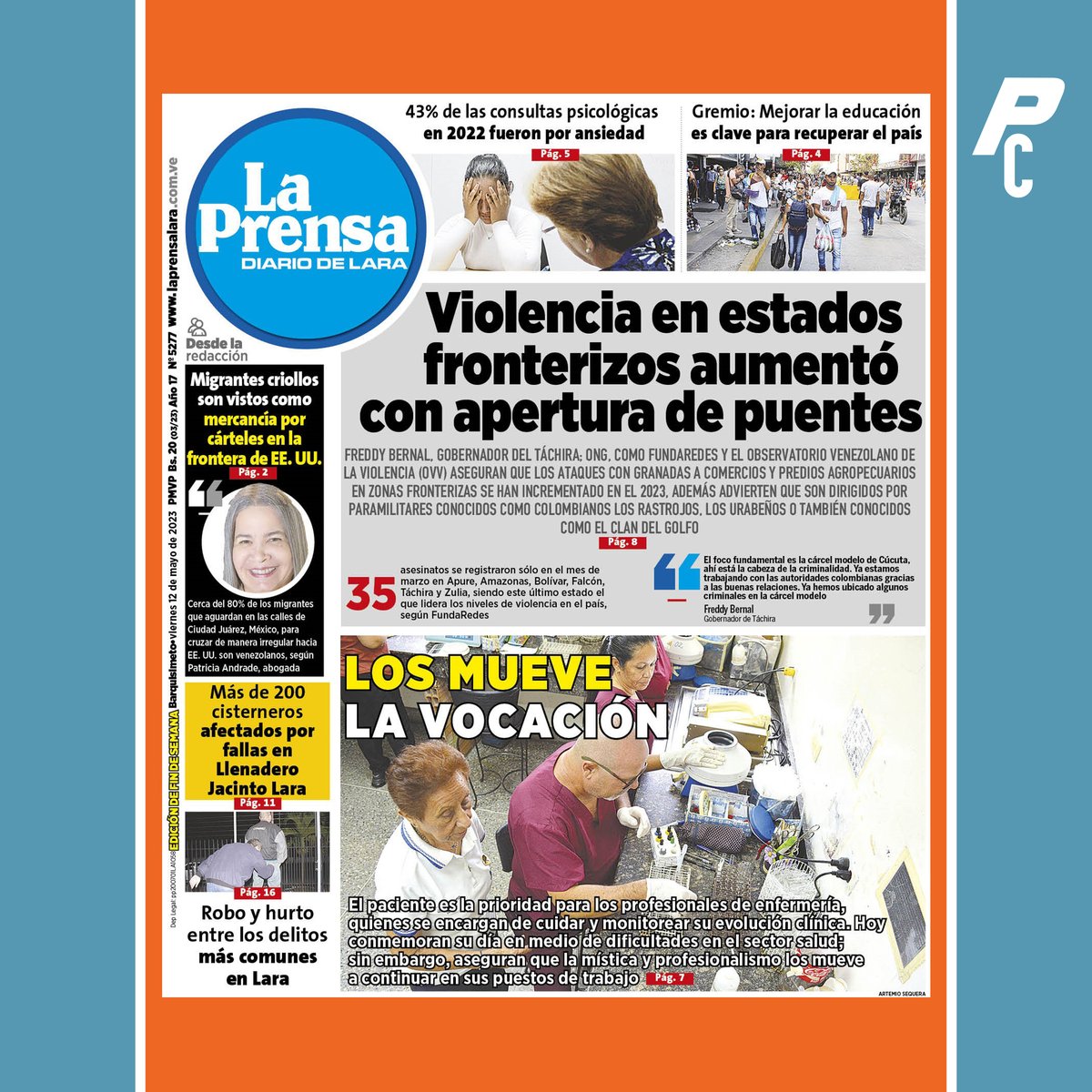 #Regionales | Portada de La Prensa de Lara este #12May titula: Violencia en estados fronterizos aumentó con apertura de puentes