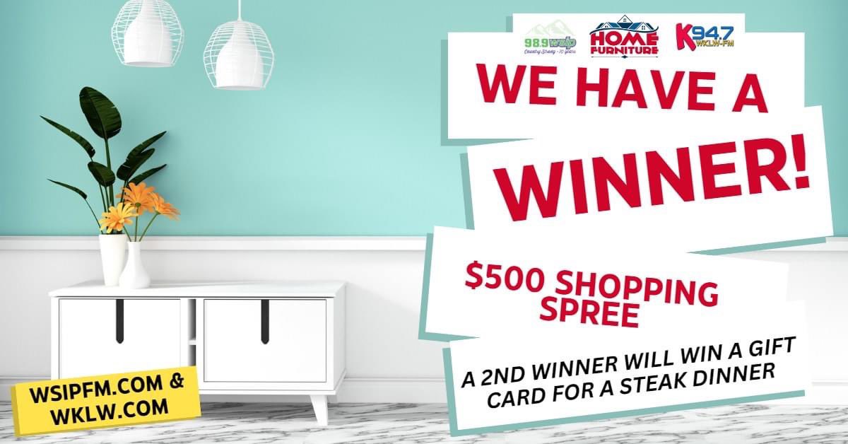 WKLW's tweet photo. WINNERS ANNOUNCED!!!

* SANDRA CASTLE of FLAT GAP wins the $500 Home Furniture Shopping Spree

* TAMMY SITES of TOMAHAWK wins the $100 Steak Dinner Gift Card https://t.co/O1j5ATIorh