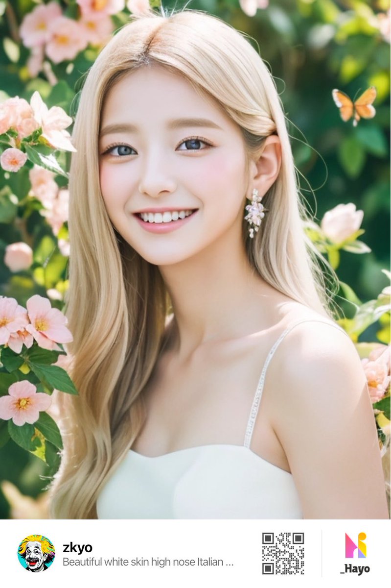zkyo's tweet photo. Prompt: Beautiful white skin high nose Italian fairy with sweet smiles with different color flowers and butterflies #BraV5 #HayoAI https://t.co/rT8yosQQg3