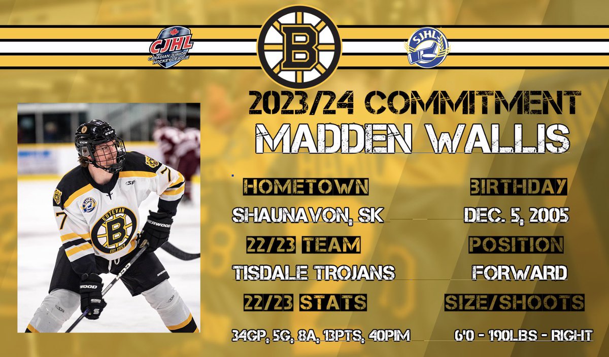 ✍️PLAYER COMMITMENT!✍️ 

The Estevan Bruins are proud to announce that F - Madden Wallis (‘05) has committed to play for the Estevan Bruins for the 2023/24 season!

Welcome to Estevan, Madden! #SJHL 

Read more: estevanbruins.com/bruins-add-two…