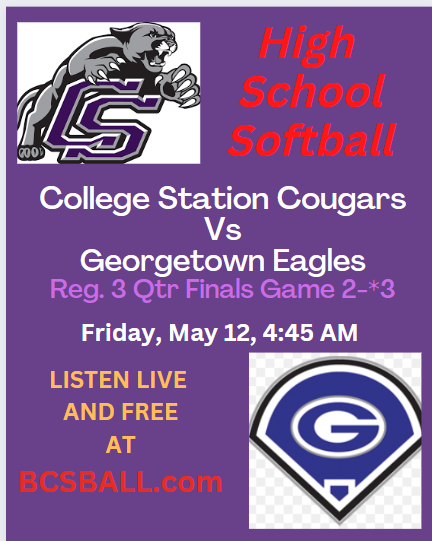 bcs_ball's tweet photo. LISTEN LIVE AND FREE, Friday 5-12, at 4:45 PM #CollegeStationSoftball vs #GeorgetownSoftball Reg 3 Qtr Finals on https://t.co/tBAZQI5vIe. Please ReTweet
@CSHSCougarClub
@CSHSSoftball
@CSISDAthletics
@CSHighSchool
@GHSeagles127
@GHS_EagleSB
@EFND_Baseball https://t.co/MFreOeAL1l