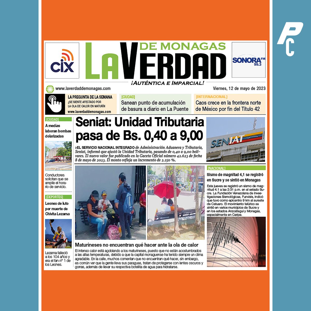 #Regionales | Portada de La Verdad de Monagas este #12May titula: Seniat: Unidad Tributaria pasa de Bs. 0,40 a 9,00