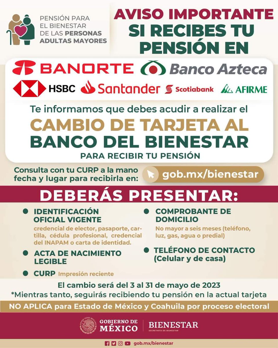 BienestarNL's tweet photo. 📢ADULTOS MAYORES📢
Te compartimos los documentos que debes llevar, si recibes tu PensióAdultMayor a través de una tarjeta de BANORTE, BANCO AZTECA, HSBC, SANTANDER, SCOTIABANK O AFIRME, el cambio a la Tarjeta Bienestar concluye el 30 de MAYO.
#ProgramasYPensiones #BancoBienestar https://t.co/sGl2Mvt6K4