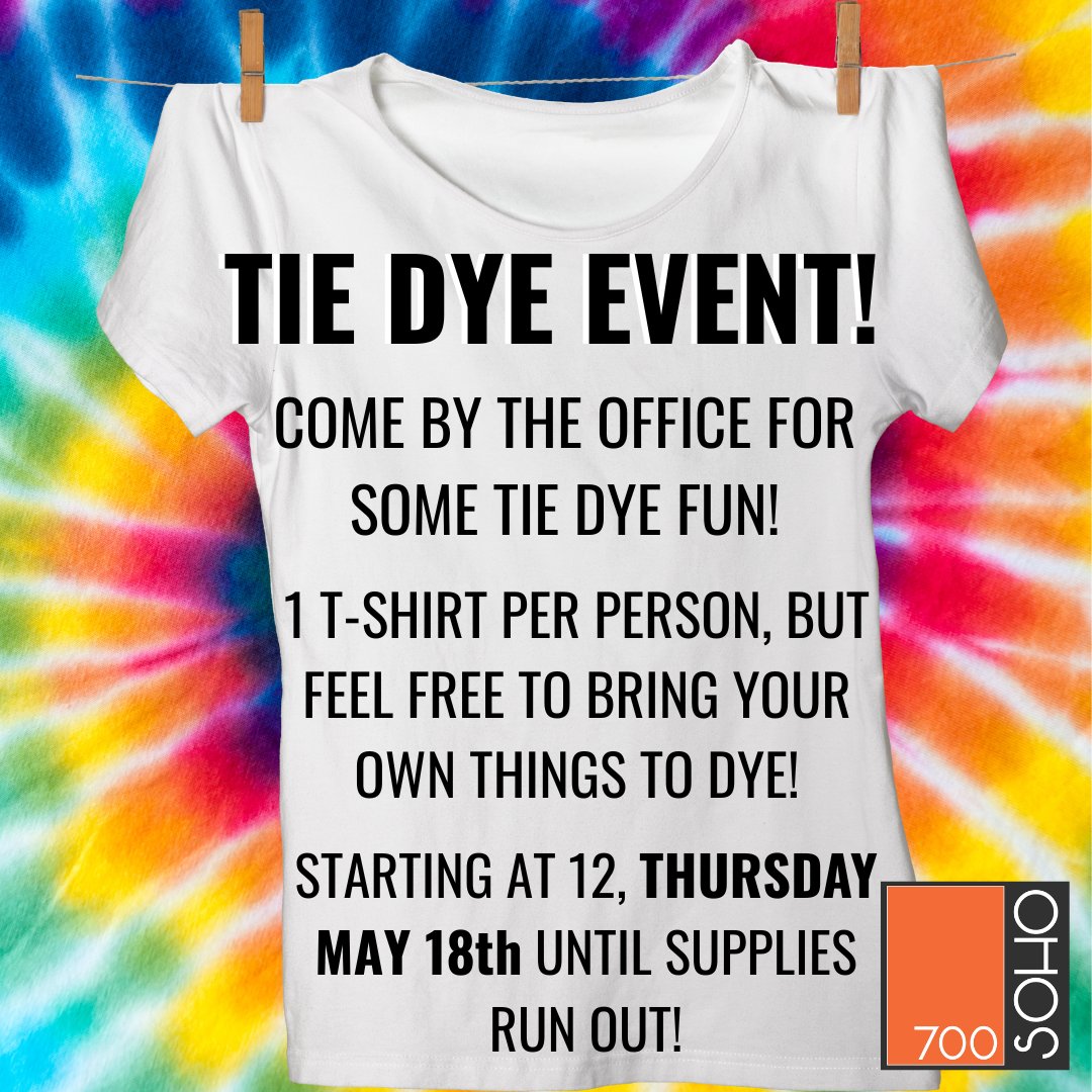 700SoHoWMU's tweet photo. Join us at the leasing office Thursday, May 18th for tie dye! Shirts will be provided but feel free to bring your own as well! https://t.co/ig81tB0zN1