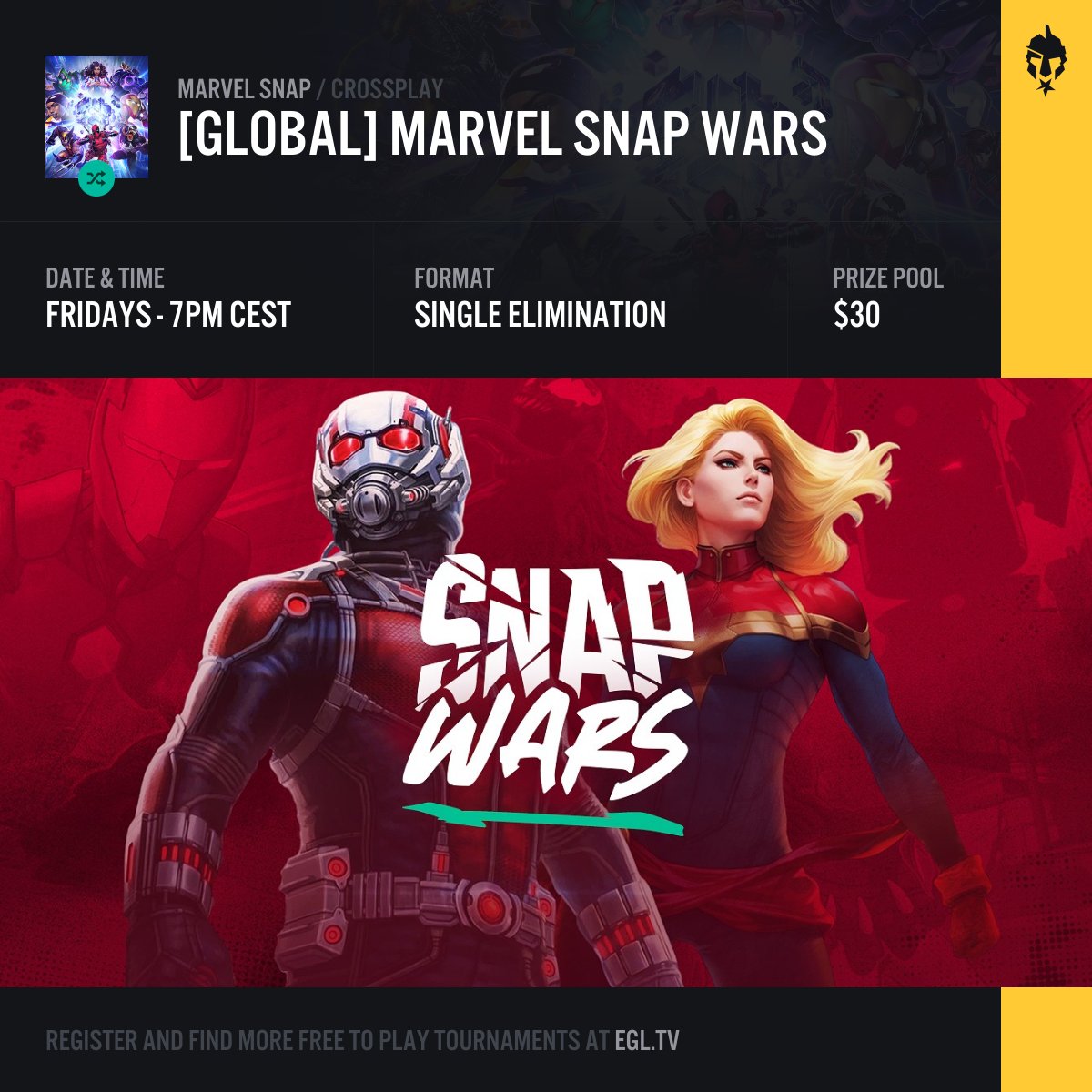 Starting in 2 hours is our Marvel Snap tourney!

A global tournament that is open to all players of all skill levels, register below and compete for the $30 prize!

egl.tv/tournament/7849