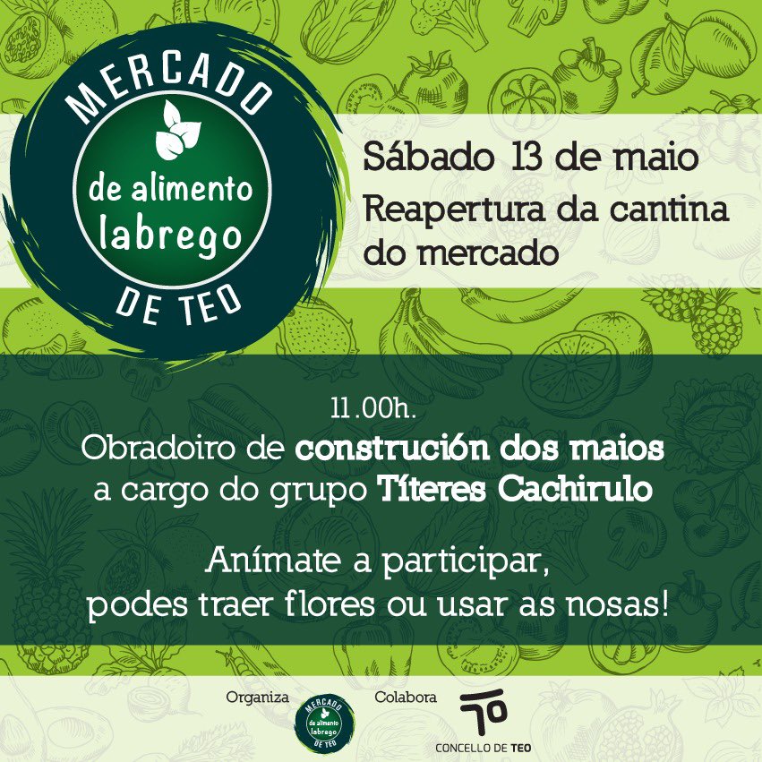 Cachirulooo's tweet image. 𝐀𝐢́ 𝐯𝐞́𝐧 𝐨 𝐦𝐚𝐢𝐨!! 

Chegan os maios e en Títeres Cachirulo sumámonos cun obradoiro ben fermoso!

Isto vai arrecender 🌸💐🌻🌼

Esperámoste mañá en Teo, no mercado labrego 🌻 ás 11.00 h.

#teatrodebonecos #títeresparanenos #monicreques #teatro #nenos #bonecos