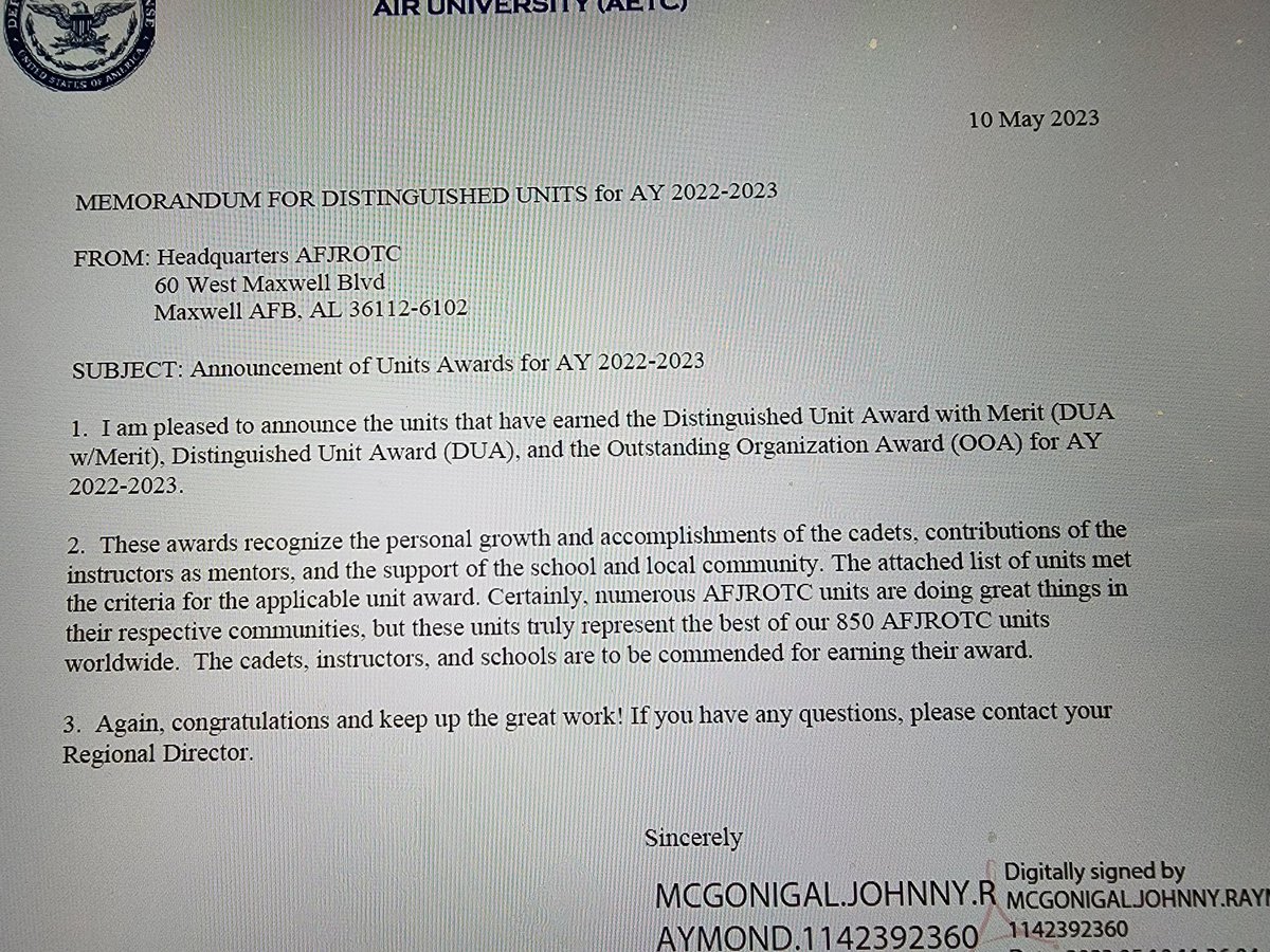 AZ951AFJROTC's tweet photo. A huge CONGRATULATIONS to the cadets of #AZ951 on earning a Distinguished Unit Award for AY 2022/2023!!
@MccordGps @CVHSMrDumas @GPS_District https://t.co/d7Ib6Pij08