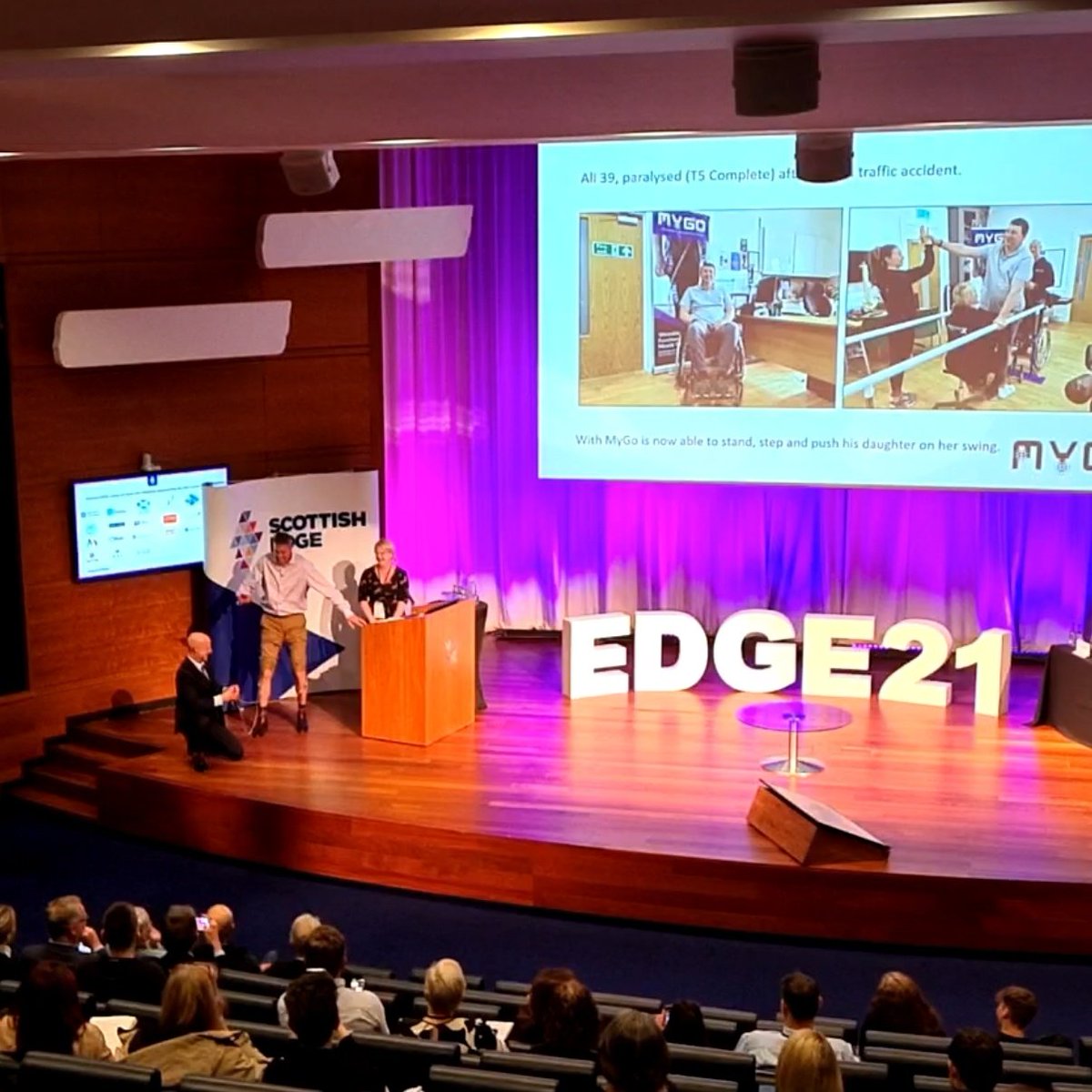 ScottishEDGE's tweet photo. Shocking finale to the #EDGE21 final as host Matthew helps @MyGo4ward demonstrate the effectiveness of their electrode and electrical signal device that helps patients walk and move. https://t.co/VFrOechbvW