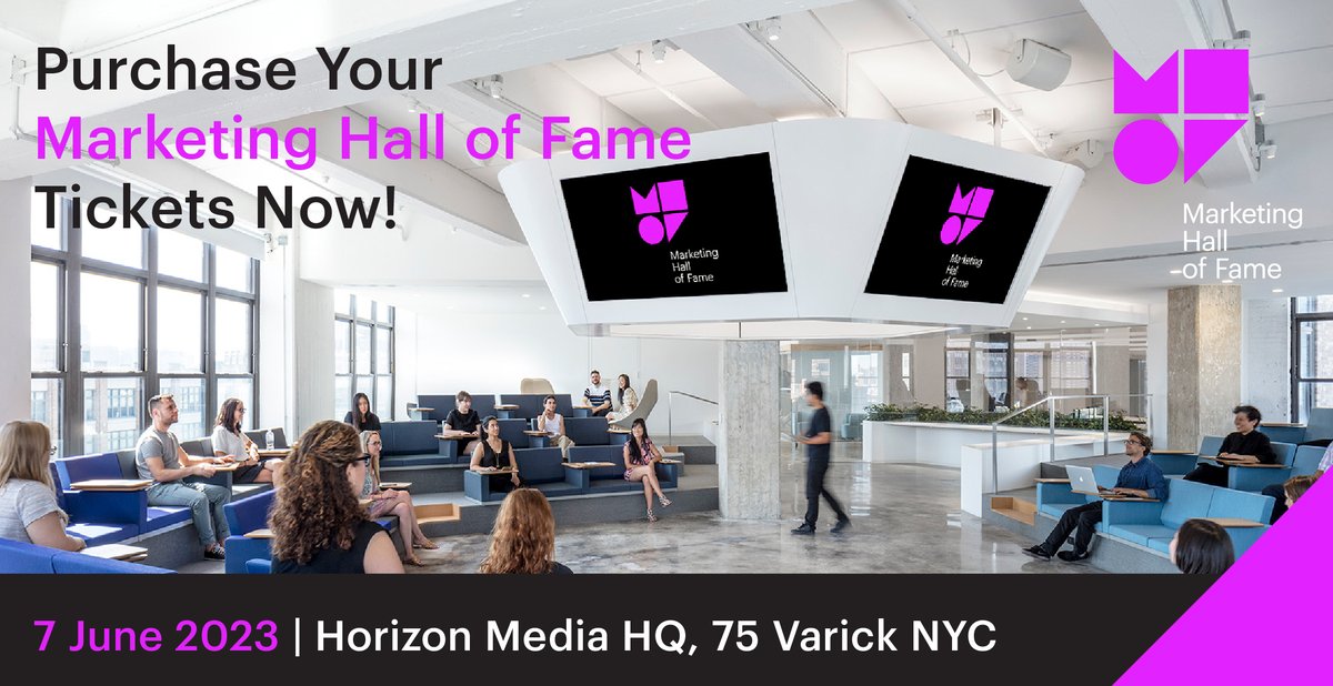 MarketingHoF's tweet photo. Don't miss the opportunity to be a part of marketing history on June 7th live at Horizon MedIa HQ in New York for the 2023 MHoF induction Ceremony! We are going to be inducting four astonishing marketers!
Purchase your tickets now! https://t.co/mc0Vl2rh3h #MHoF23 #AMANewYork https://t.co/ph0u0bDXhk
