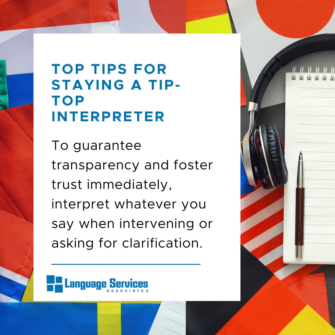LSAWeb's tweet image. To guarantee transparency and foster trust immediately, interpret whatever you say when intervening or asking for clarification.

#InterpreterTip #Interpreter #InterpreterLife #LSP #LanguageAccess #ProfessionalTips #ProfessionalDevelopment