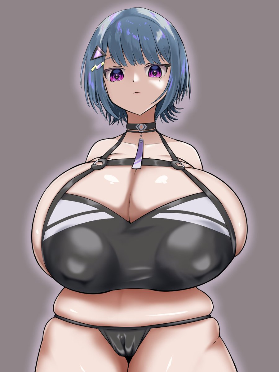 1girl solo breasts short hair bursting breasts purple eyes belt