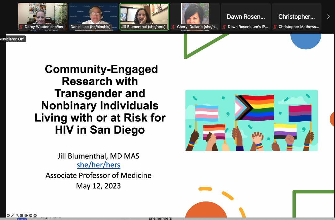 VERY excited to hear the A-MAZING @BlumenthalJill presenting on community-engaged research with trans/non-binary 🏳️‍⚧️individuals with or at risk for HIV. 
@UCSDHealth @UCSD_IDFellows @UCSD_HIV