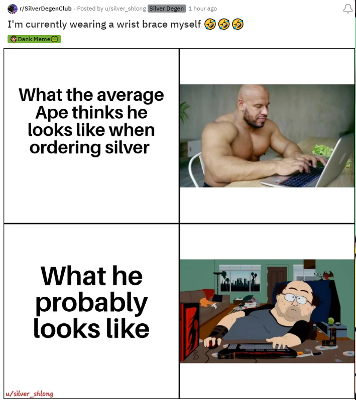 SilverDegenClub's tweet photo. u/silver_shlong's wrist brace is getting worked overtime :P
https://t.co/3oXkwMwxNs
#SilverSqueeze #SilverDegenClub #SilverWaifus #SilverPilled #KeepStackingDegen #StayDegen #ApesTogetherStrong #silver #preciousmetals #coins #waifus #SilverQueens #SilverKings https://t.co/Ctid1QN8W3