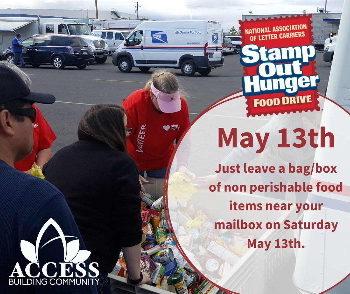 AccessHelps's tweet image. The annual Stamp Out Hunger Food Drive is happening Tomorrow! All you have to do is leave your non-perishable foods in a box or bag near your mailbox on Saturday, May 13th. 
Visit the NALC website for more info: bit.ly/3JVkqEd