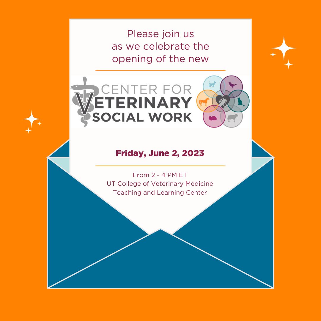 vetsocialwork's tweet photo. We would like to invite you to attend a hybrid in person/virtual kickoff celebration for the new UT Center for Veterinary Social Work on June 2, 2023 at 2:00 PM Eastern.

We hope you will join us!
Event RSVP by May 31, 2023: https://t.co/OHmYzrbpyM https://t.co/ARpoeLvZPZ