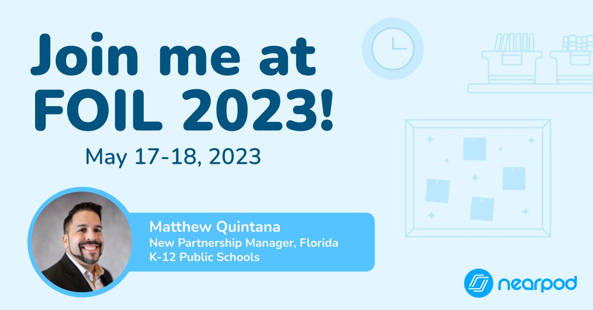 Matthew Quintana (@quintana_matt) on Twitter photo Come join the @Nearpod team at #FOIL 2023! 
Learn why schools are choosing Nearpod to #engage their students in and out of the #classroom!
Would you like a 1:1 meeting with one of our Nearpod team members? 
Simply request some time below. 
docs.google.com/forms/d/e/1FAIโฆ Come join the @Nearpod team at #FOIL 2023! 
Learn why schools are choosing Nearpod to #engage their students in and out of the #classroom!
Would you like a 1:1 meeting with one of our Nearpod team members? 
Simply request some time below. 
docs.google.com/forms/d/e/1FAIโฆ