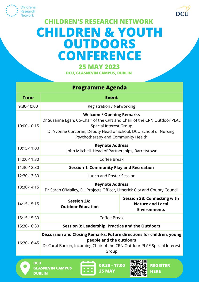 We are delighted to release the agenda for the upcoming CRN Children and Youth Outdoors conference, which will be held on 25 May at DCU! There are great sessions centred around the benefits of outdoor spaces for children and young people. Follow the link in bio for more info!