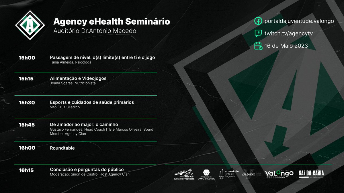 Juntamente com <a href="/cmvalongo/">Município de Valongo</a>, organizamos a Agency eHealth, com um painel magnífico e com o grande <a href="/Juve_csgo/">Juve</a> que estará a representar 🇵🇹 no Major!

📺 : twitch.tv/agencytv
🗺️ : Auditório Dr.António Macedo
⌚️ : 15h - 16:15 16/05/23

Contamos contigo nesta iniciativa inovadora!