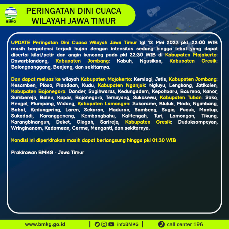 infoBMKG's tweet photo. Update Peringatan Dini Cuaca Wilayah - Jawa Timur Tgl. 12 Mei 2023 pkl. 22:30 WIB
Prakirawan - BMKG - Jawa Timur
https://t.co/yZjChYmZf4 https://t.co/Y3Y8JGb3Aw