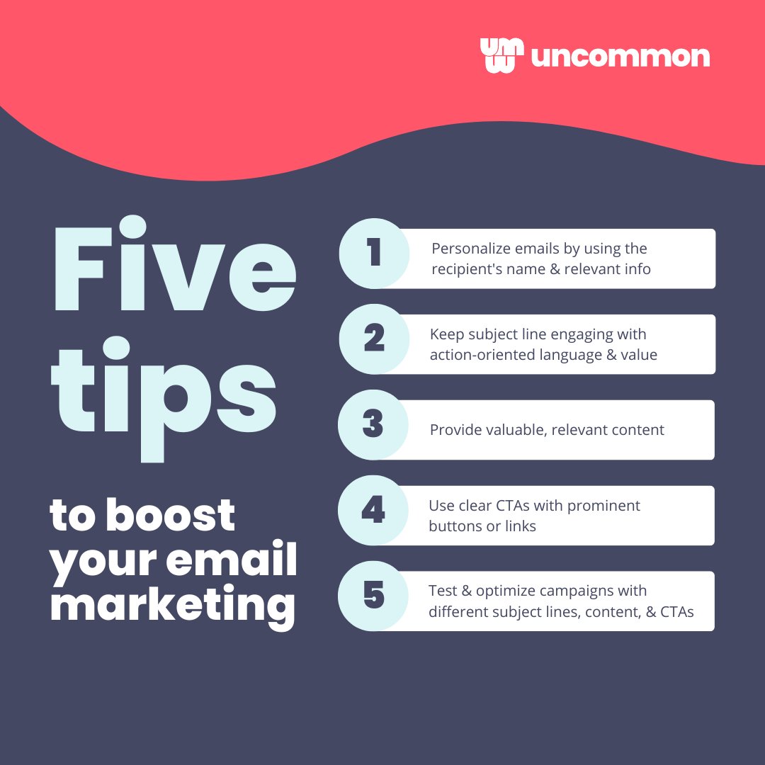uncommonwork's tweet photo. 5 tips to crush your next email campaign! 🔥 Personalize your emails &amp; test before sending. Get all the deets here. Want to learn more? We're just a call away!👌 https://t.co/hCkLP9ScWl #EmailMarketing #PersonalizationIsKey #BeUncommon #TestAndOptimize https://t.co/PWQkXzNrHO
