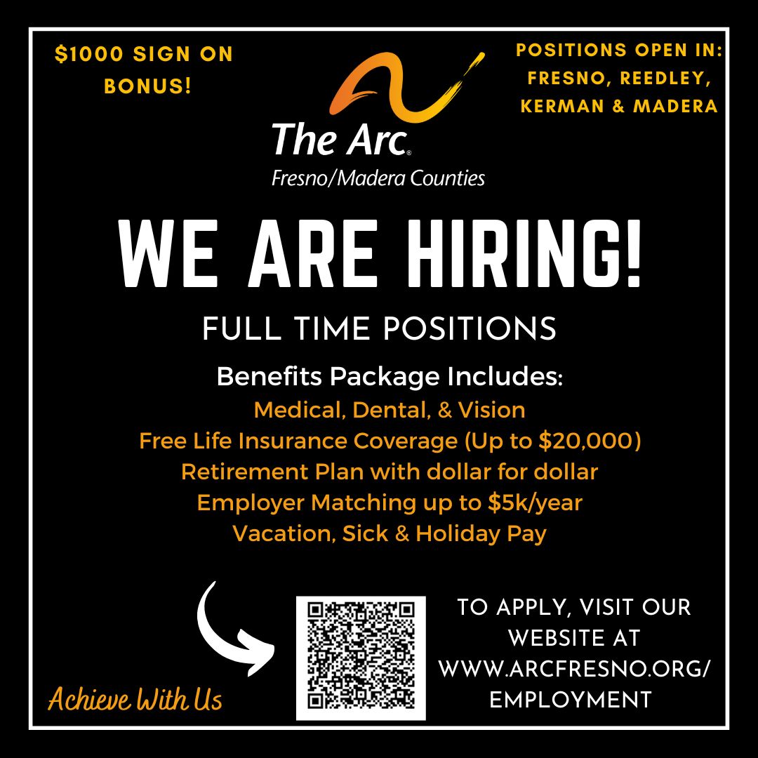 We have several open full-time positions at ALL of our locations. If you want to join our team in helping individuals with intellectual and developmental disabilities, then please visit our website to apply or scan the QR code: arcfresno.org/employment/