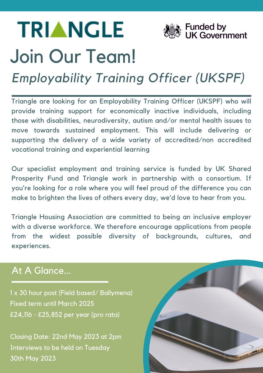 TriangleHousing's tweet image. Triangle are looking for an Employability Training Officer (UKSPF) to join our team on a 30 hour per week contract (Fixed term until March 2025).

To apply - triangle.getgotjobs.co.uk

To find out more about what we do -
trianglehousing.org.uk