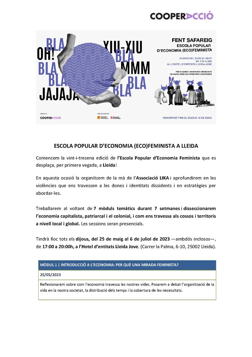CooperAccio's tweet photo. #EPEFLleida
🌱 Espai de formació, intercanvi i enxarxament per a dones i identitats dissidents on, a través de les experiències viscudes, reapropiar-nos de l’economia, dels temps de vida i dels cossos que sostenen la vida.

✍️🏾Mira el programa i inscriu-te! https://t.co/rAg7iwzRGP https://t.co/giPF21lM9Z