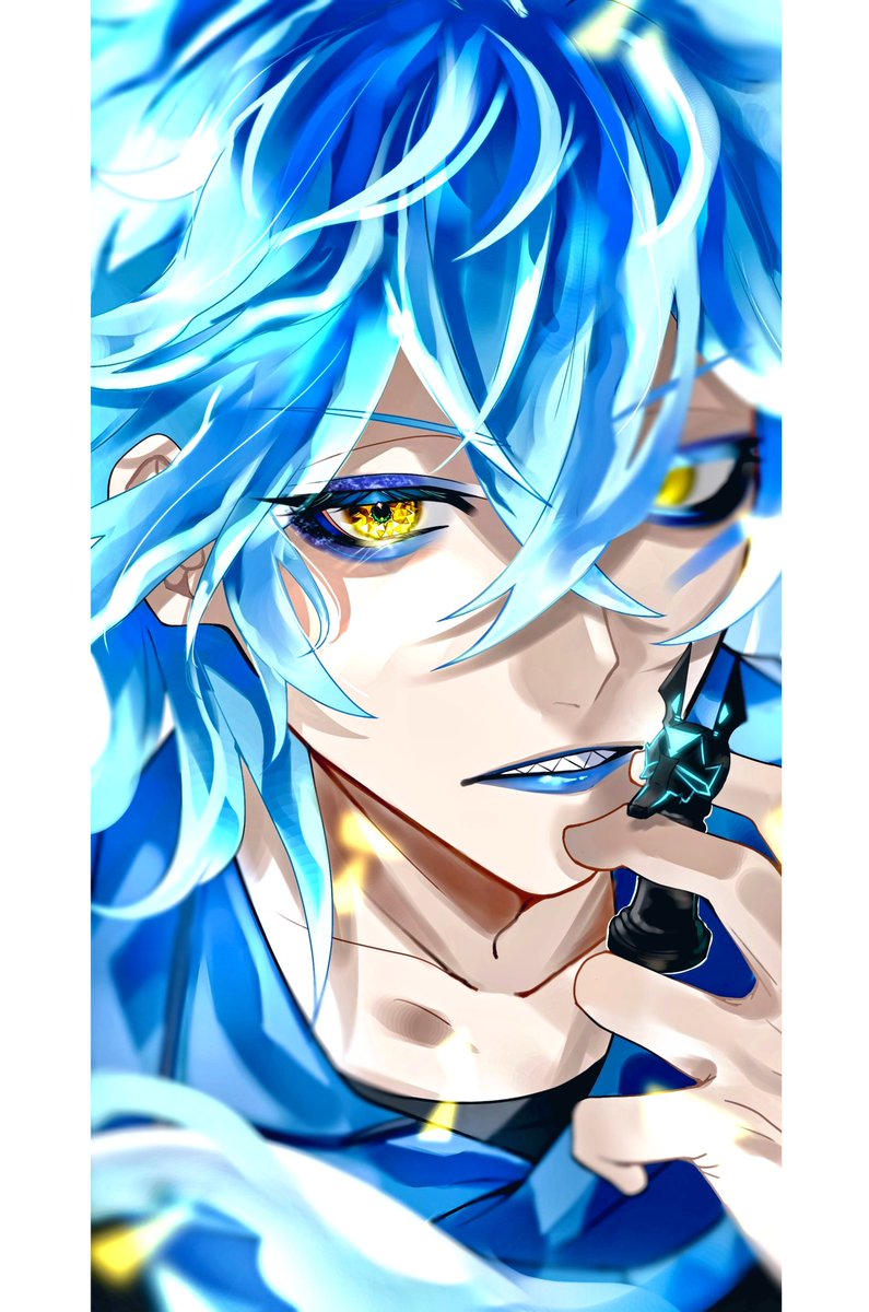 blue lips 1boy male focus yellow eyes blue hair solo makeup  illustration images