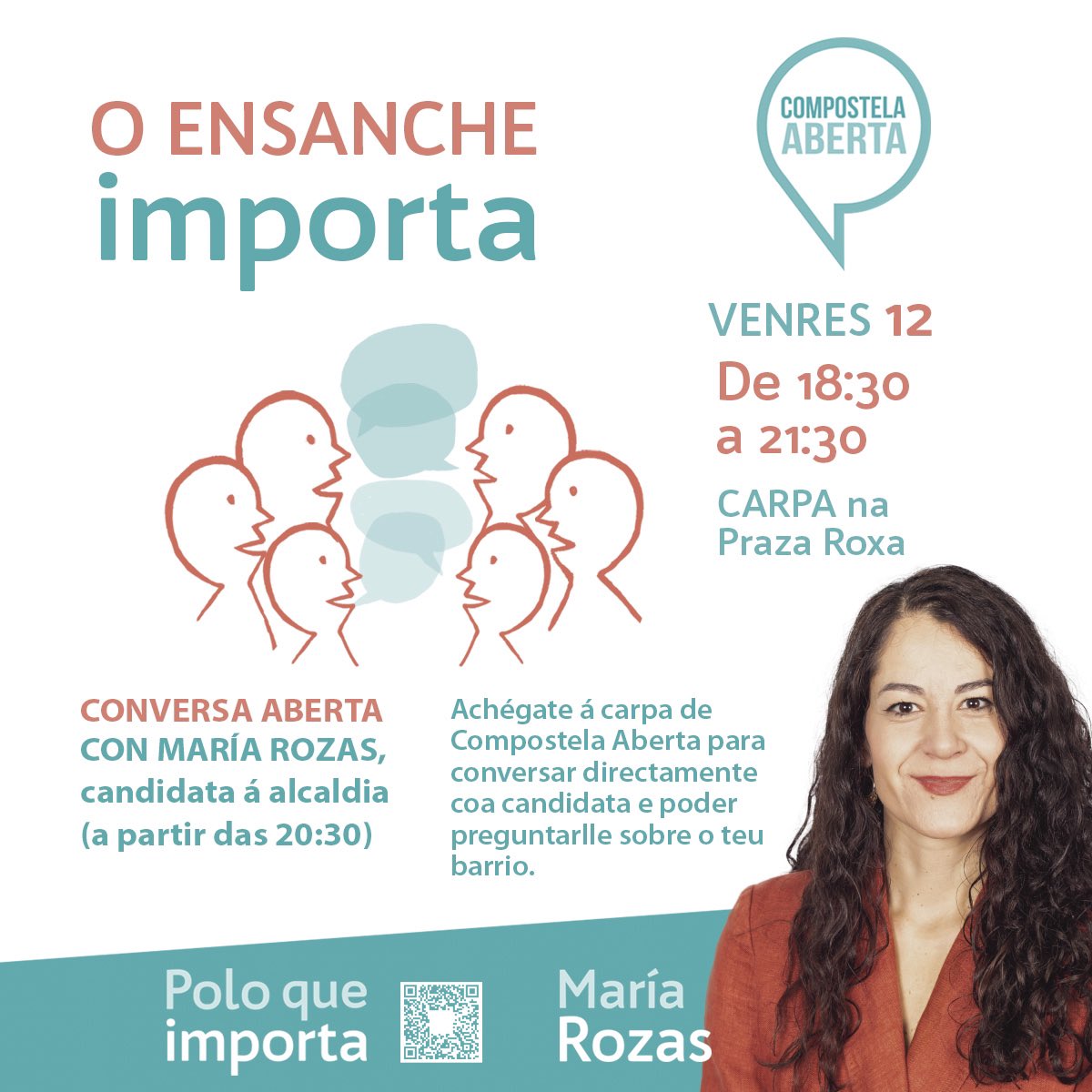 compostelaberta's tweet photo. 📍Ensanche, Praza Roza
⏰ Carpa informativa desde as 18.30, coa presenza da candidata desde as 20.30

#MariaRozas2023
#FalemosDoQueImporta https://t.co/SUrtZCFW4c