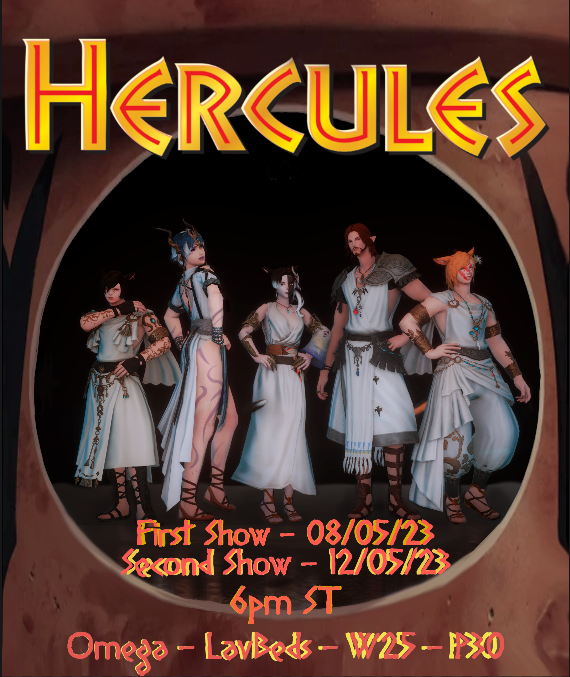 Today_In_Eorzea's tweet photo. First off, over on Omega (EU #ChaosDC): 

Lunae's Theatre Group are putting Hercules!

Doors open 1800ST, curtain up 1900ST 
Dress code: Formal 
IC event (non-disruptive OOC lurkers welcome); tickets would have been acquired at  at Lunae's Hideaway or in any major Eorzean city https://t.co/cQ9IRItDgZ