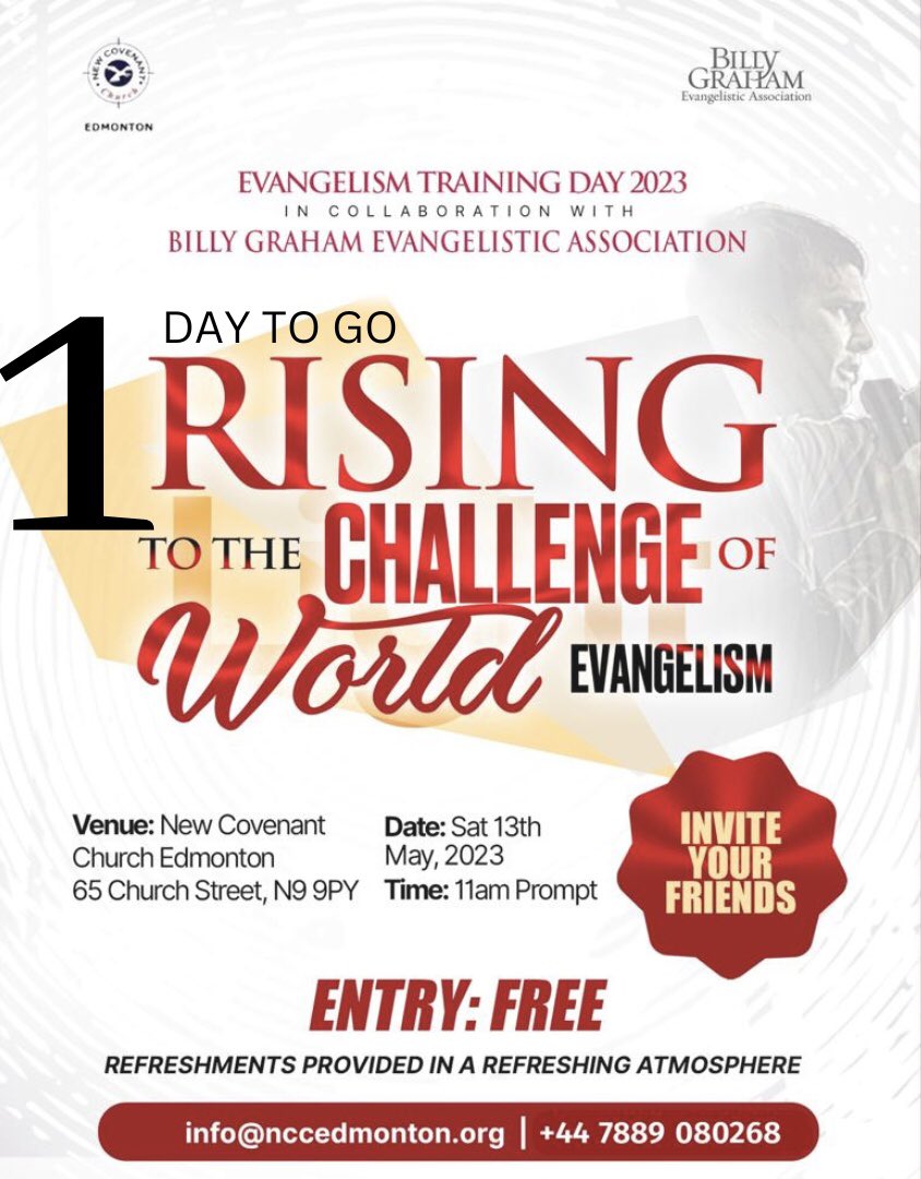 It’s finally here🎊🎊🎉🎉

Just one more night sleep and we will be at the evangelism training day💃

Hurry, register to secure a seat for yourself.

#Ncc
#Enfield
#London
#Edmonton 
#Evangelism
#FamilyChurch
#Enfieldchurch
#Londonchurch
#Risingtothechallengeofworldevangelism
