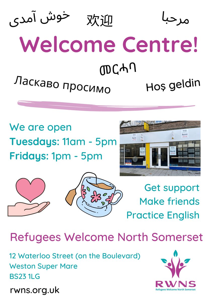 RefsWelcomeNS's tweet photo. The new #RWNS Welcome Centre is open next week! 🙌🎉

Please drop in to find out how we can help you, or how you can volunteer.

Tuesdays 11am - 5pm
Fridays 1pm - 5pm 

12 Waterloo Street, Weston Super Mare, BS23 1LG

#RefugeesWelcome #WestonSuperMare https://t.co/NMU9D1OhVh