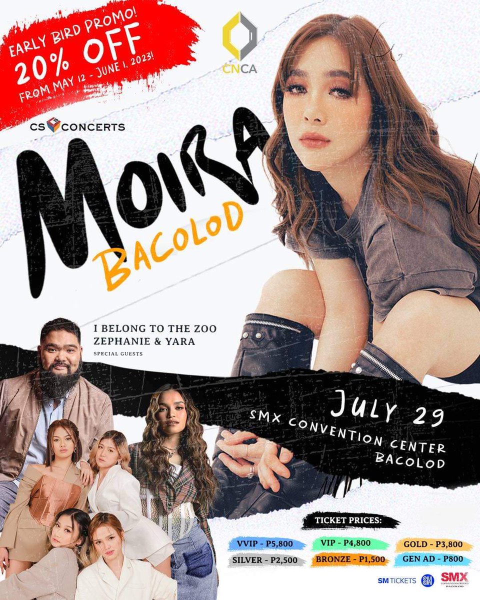 Early birds, we have a gift for you! GET 20% OFF when you purchase from May 12 to June 1, 2023!

Get your tickets now at smtickets.com or any SM Tickets outlets!

See you there ♥️

#MoiraInBacolod

*Not in conjunction with any other promos or discounts.