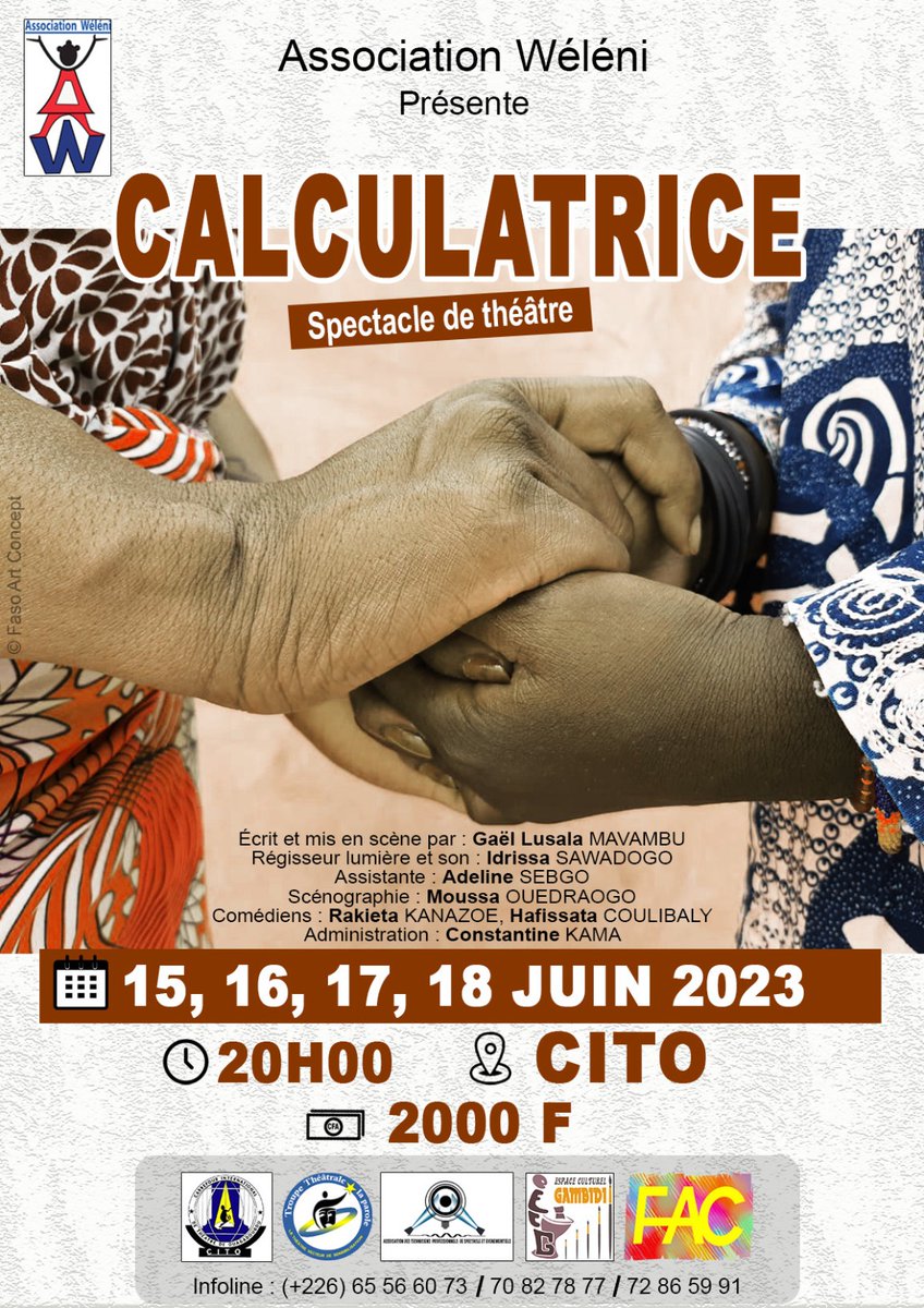 HuguFlavieNARE's tweet photo. "Bonjour à tous 🙂!

Avez-vous des plans de sortie pour le 15 juin? Si non, j'ai une excellente suggestion pour vous! Je vous invite à venir découvrir "CALCULATRICE", un spectacle fascinant mis en scène par Gaël L MAVAMBU.

Les représentations auront lieu au CITO à partir de 20h https://t.co/m45WeYjRak