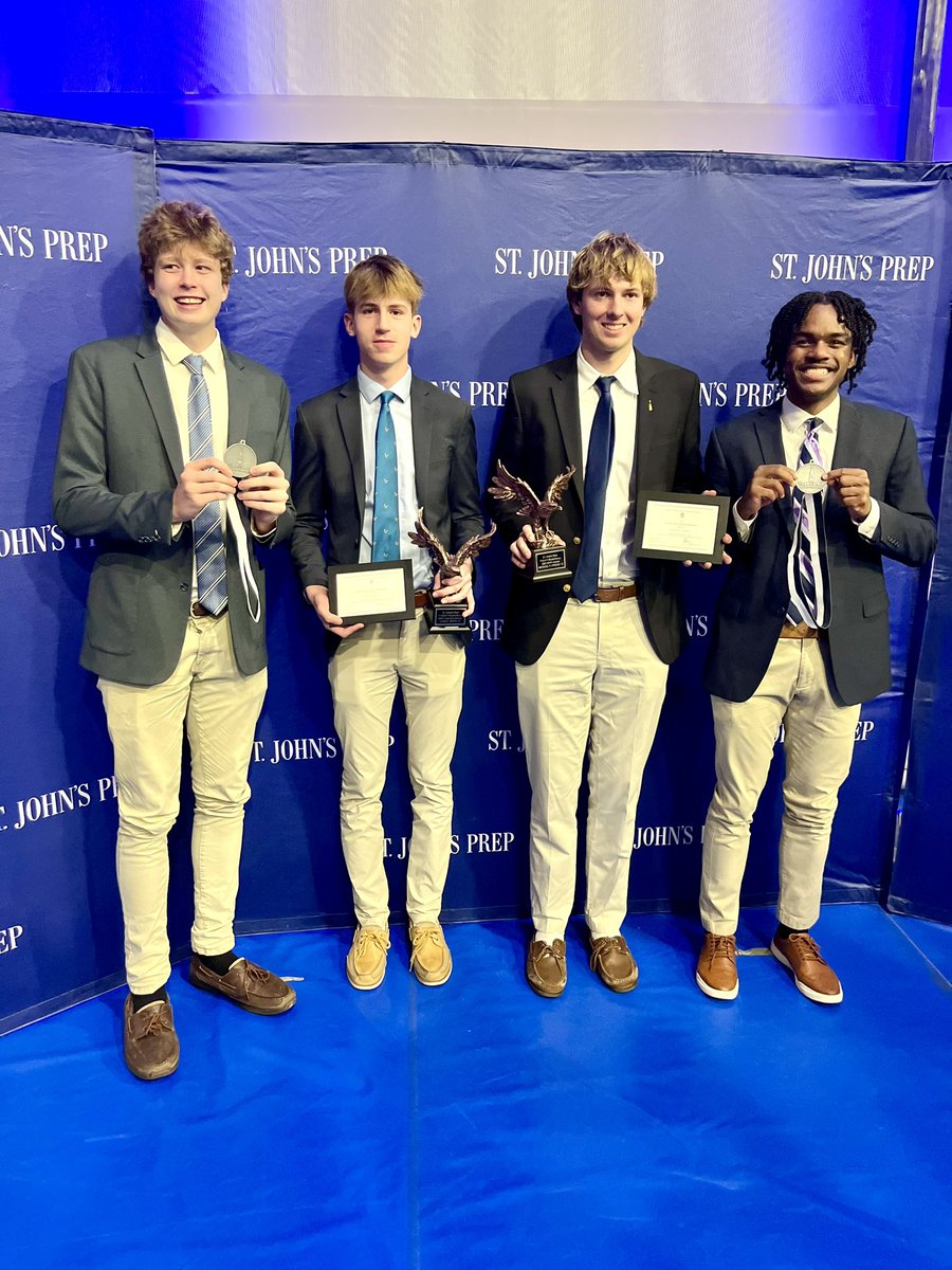 Excellence in the classroom and on the court for <a href="/stjohnsprep/">St. John's Prep</a> <a href="/SJPHoop/">SJP Basketball</a> seniors: Academic medals for World Languages Latin (Greg) and Social Studies (Dom), National Merit Scholarship Commendation (Mike, <a href="/buys_liam/">Liam Buys</a> ), Varsity bball coach’s award (Liam) and MVP (Mike). 💙👨‍🎓🏀