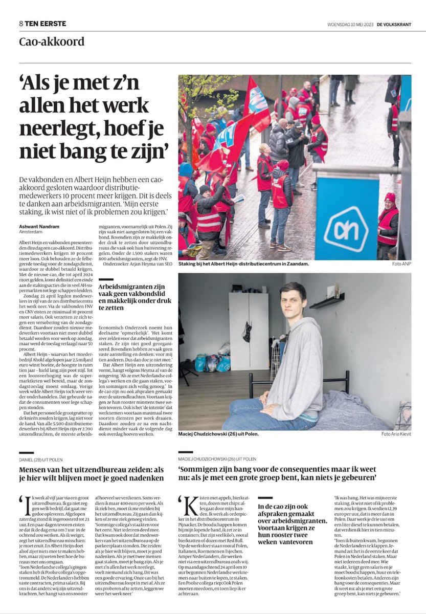 Onder de 1500 stakers in de distributie centra van <a href="/albertheijn/">Albert Heijn</a> waren 800 #arbeidsmigranten. ‘Als FNV strijden we elke dag voor eerlijke lonen en menswaardige arbeidsomstandigheden voor íedereen en in élke sector’, aldus <a href="/petra_bolster/">Petra Bolster</a> 💪 #wordlid #ah volkskrant.nl/a-bd0455d1