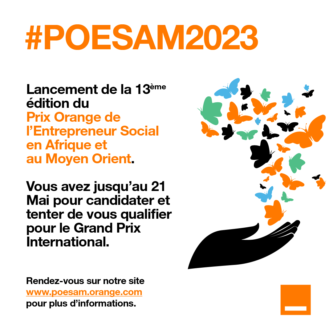 #POESAM2023
📷Lancement de la 13ème édition du Prix Orange de l'Entrepreneur Social en Afrique et au Moyen Orient 
➡️Candidatez sur poesam.orange.com   jusqu'au 21 Mai et tentez de gagner le Grand Prix.
#Incubateur #Saboutech Booster de l'écosystème entrepreneurial guinéen.