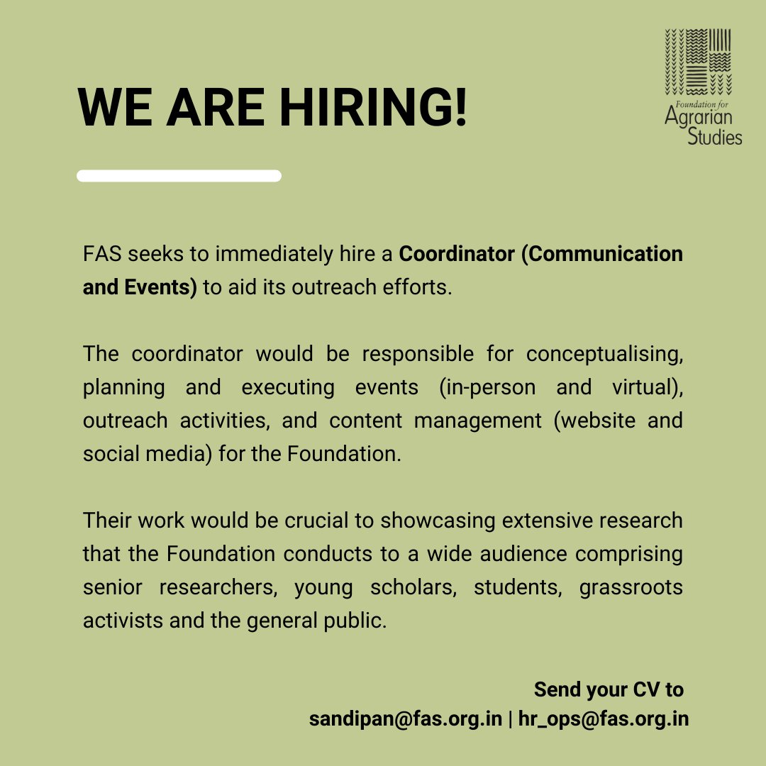 📢WE'RE HIRING📢

We are looking to immediately hire a Coordinator (Communication and Events) to work out of our Bengaluru office.

For more details:
fas.org.in/employment/

#hiring #hiringnow #jobalert #jobadvert