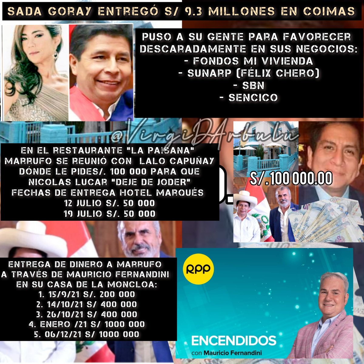 VirgiDArbulu's tweet photo. ¡La corrupta Sara Goray regreso al Perú!
Declaró ante la fiscalía (8 y 9 de mayo)
entrego pruebas del primer MILLÓN que entrego a Salatiel Marrufo.
Delitos cometidos según Marrufo:
* Se adueñó de un terreno de 90 hectáreas que tenían doble partida registral.
*Puso a su gente para favorecer descaradamente sus negocios en:
- Fondos Mi Vivienda
- Sunarp (Félix Chero)
- SBN
- Sencico
- Etc.
* Entrega de dinero a Marrufo 
Mauricio Fernandini en su casa de la Moncloa:
1. 15/9/21 S/. 200 000
2. 14/10/21 S/ 400 000
3. 26/10/21 S/ 400 000
4. Enero /21 S/ 1000 000
5. 06/12/21 S/ 1000 000
Marrufo utiliza ese dinero para Pedro Castillo:
- Una buena parte le entrega a Castillo para sobornar Congresistas 
- Mensualmente paga a la hermana de Pedro Castillo S/. 60 mil soles.
- El 11 de junio de 2022 en el restaurante "La Paisana" con Lalo Capuñay dónde le pideS/. 100 000 para que @NicolasLucar "DEJE DE JODER"
Fechas de entrega Hotel Marqués 
12 julio S/. 50 000
19 julio S/. 50 000

Entrega de dinero a Marrufo se da por
Mauricio Fernandini en su casa de la Moncloa:
1. 15/9/21 S/. 200 000
2. 14/10/21 S/ 400 000
3. 26/10/21 S/ 400 000
4. Enero /21 S/ 1000 000
5. 06/12/21 S/ 1000 000
Sara Goray:
6. Ene 2022 S/. 250 000
7. Feb 2022 S/. 25

Sada Goray paga una caución de S/ 1 millón, dejando un predio de su propiedad en prenda y retornó a Florida.