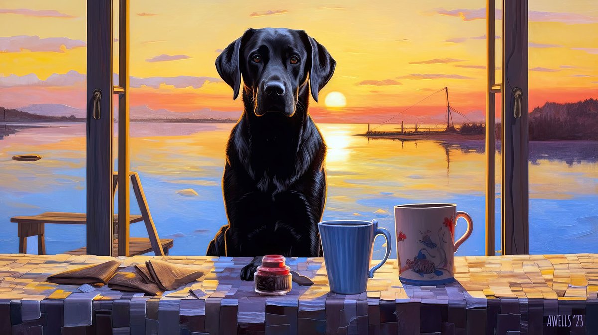 beachtv's tweet photo. #CoffeeWithWalter #SunriseCoffee 05.12.2023 #WalterTheDog #WheresWalter #WaltersWorld #LabZilla #MidJourney #MidJourneyArt #MidJourneyAI #MidJourneyAiArt #JavaDog #AiArt #CoffeeDog #CoffeeWithDogs inspired by #RenéMagritte #Magritte https://t.co/hUpP7BcCTT