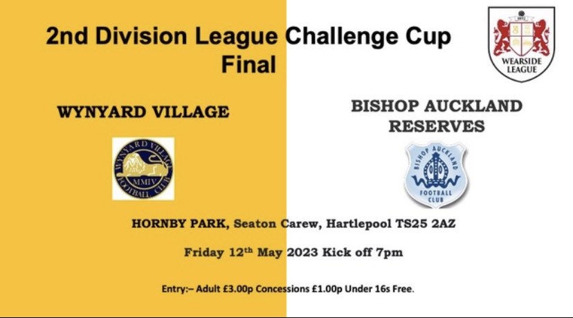 ⚽️⚽️Tonight⚽️⚽️
Second division Challenge Cup Final
@FcWynyard  V @BishFCXI 
7pm KO
Hornby Park 
TS25 2AZ