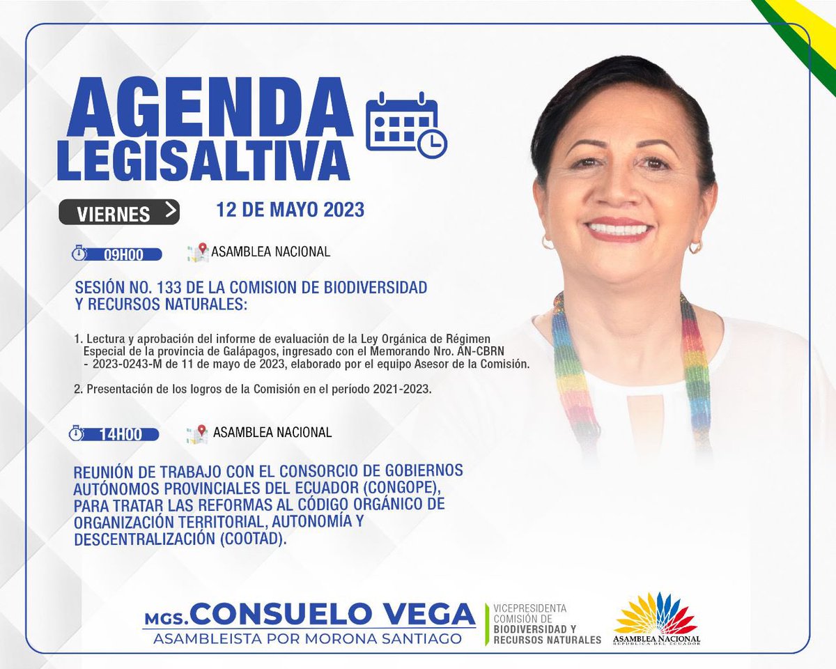 📍Agenda Parlamentaria🇪🇨
🗓️Viernes 12 de mayo de 2023.

Les comparto mi agenda de actividades para hoy en la Asamblea Nacional. 

<a href="/MoronaSantiago/">GABRIELA  SALAS</a> 
<a href="/AsambleaEcuador/">Asamblea Nacional</a>