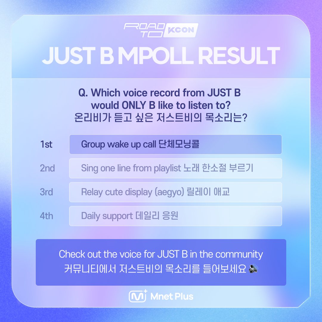 mnetplus's tweet photo. [#ROAD_TO_KCON]
 @JUSTB_Official  #MPOLL
ROAD TO MAX's special second gift!🎁
#JUSTB's voice present for ONLY B has arrive!

Which voice record did ONLY B like to listen to?🔊
Check out in the community!😆
👉https://t.co/a649oArF0B

#MnetPlus #엠넷플러스
#저스트비 #ROAD_TO_MAX https://t.co/7otyw2nZxs