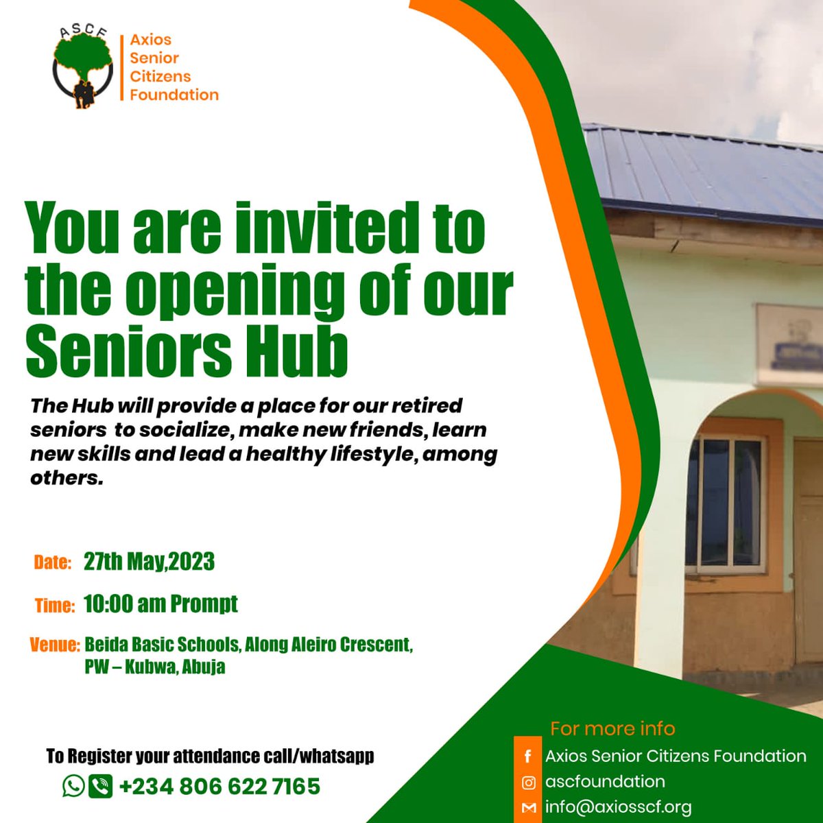 You are all invited to the opening of our Seniors Hub on 27th May 2023. @FMHDSD @nsccofficial @Fmohnigeria @FmardNg @ActionAidNG @NigeriaFMYS @LeadwayPensure @PoliceNG