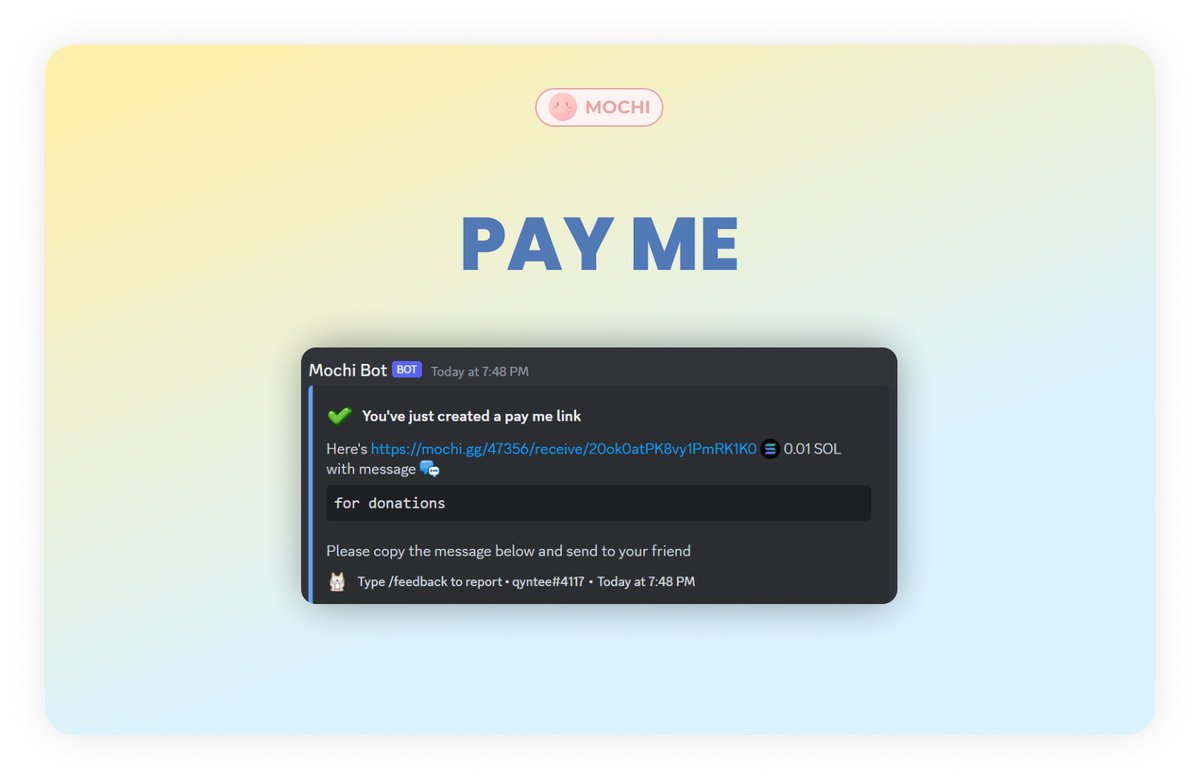mochi_gg_'s tweet photo. MOCHI PAY
Send crypto in 5 seconds with Mochi! Now anyone can create and share Pay links (or Pay Me links to request funds) with ease.
⚠️ Minimize risks (e.g: wrong address)
⚡ Instant and seamless
✅ User-friendly
💰 Different crypto options
#NFTs #Crypto #MochiBot @pod_town https://t.co/uRxE9nfJL5